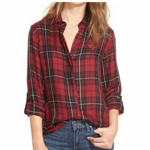 Sam Edelman Plaid Zipper Split Back Top Size S black and red with white stripes - Picture 2 of 15